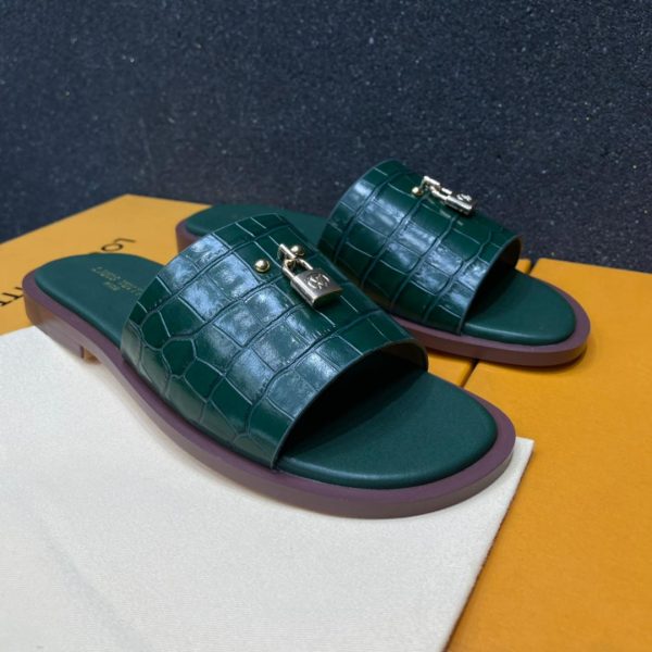 ARMY GREEN LV PARIS WITH SYSTEMATIC BILLIONAIRES PADLOCK PALM SLIPPERS